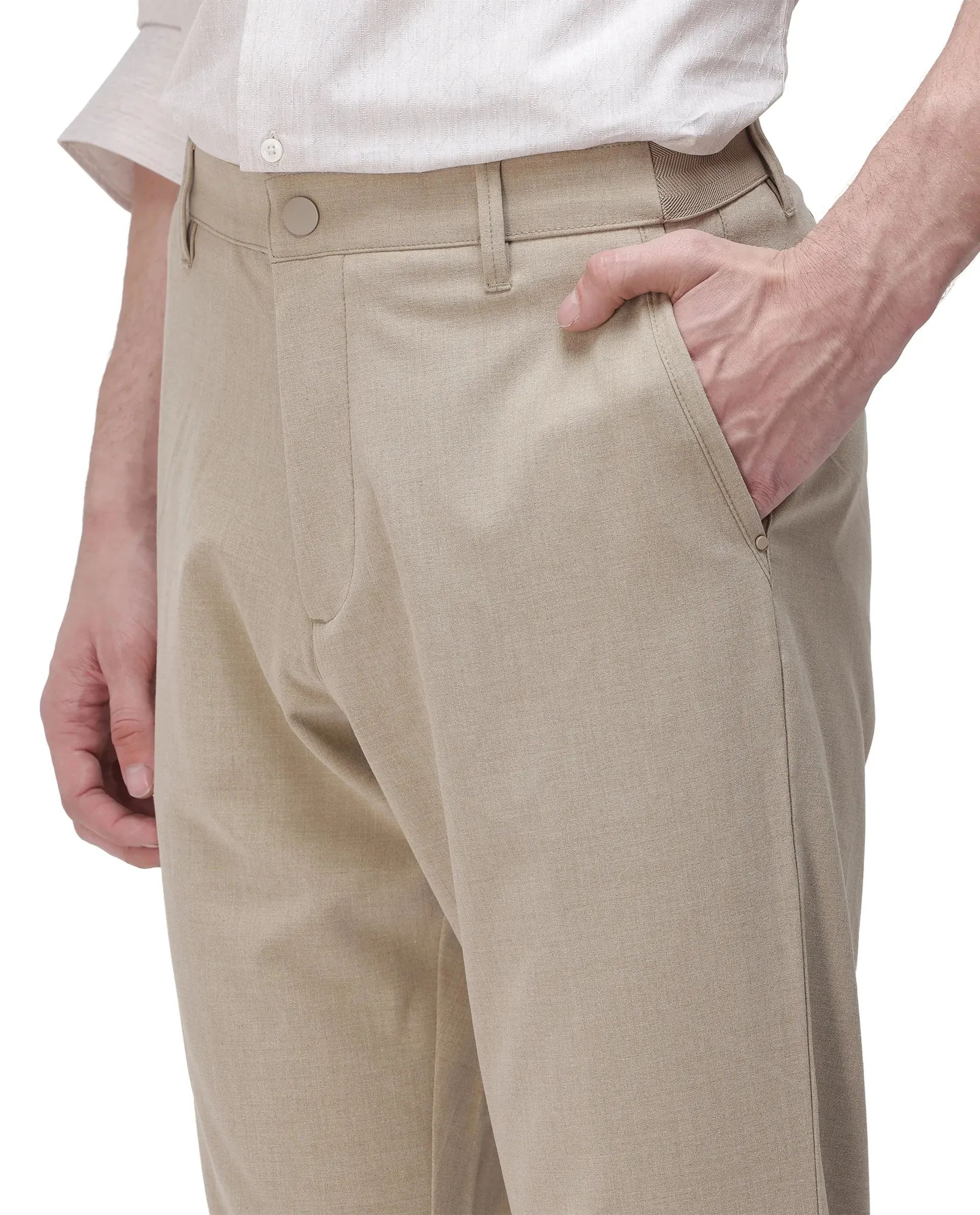 Rare Rabbit Men Driver-2 Khaki Cotton Elastane Fabric Button Closure Plain Trouser