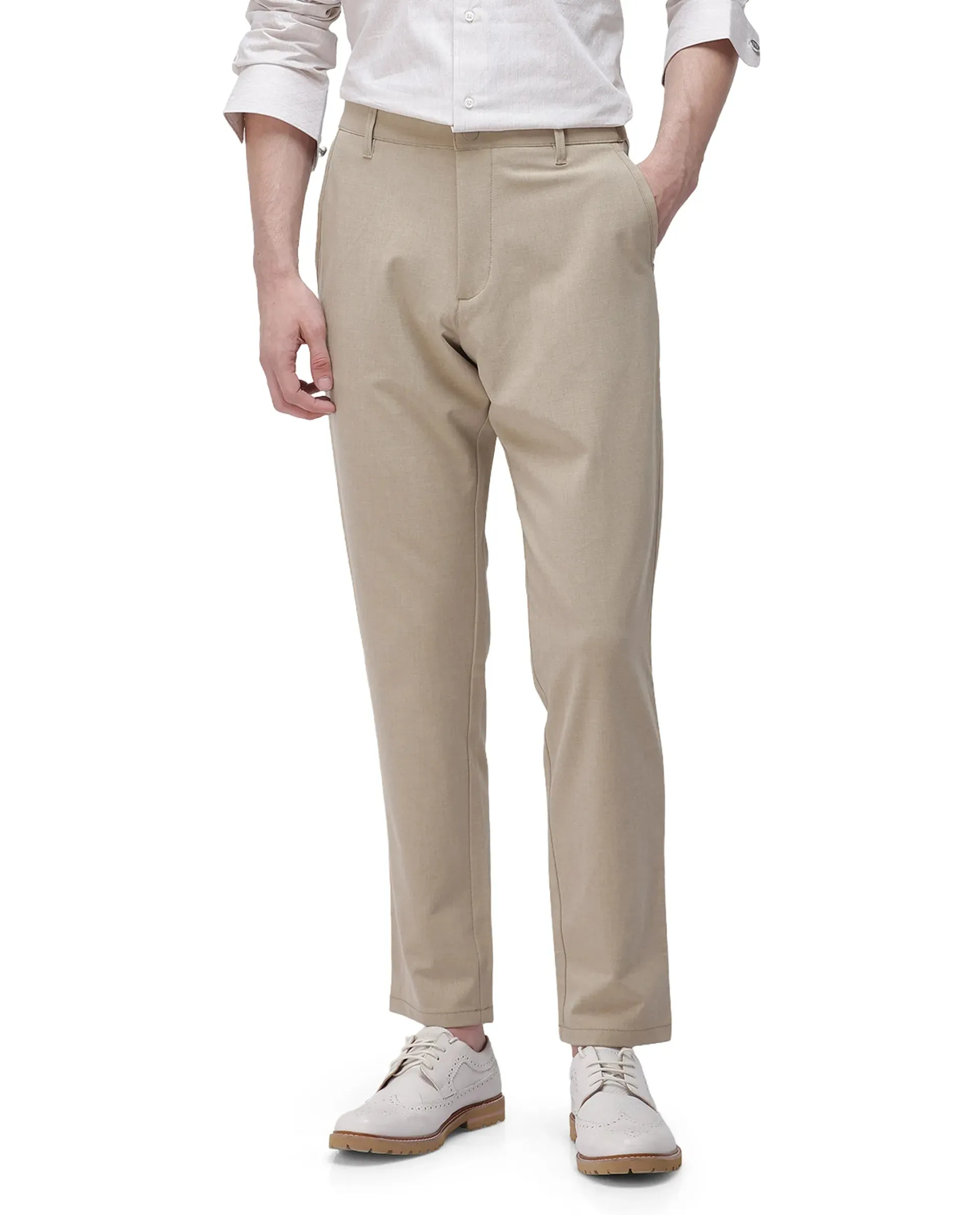 Rare Rabbit Men Driver-2 Khaki Cotton Elastane Fabric Button Closure Plain Trouser