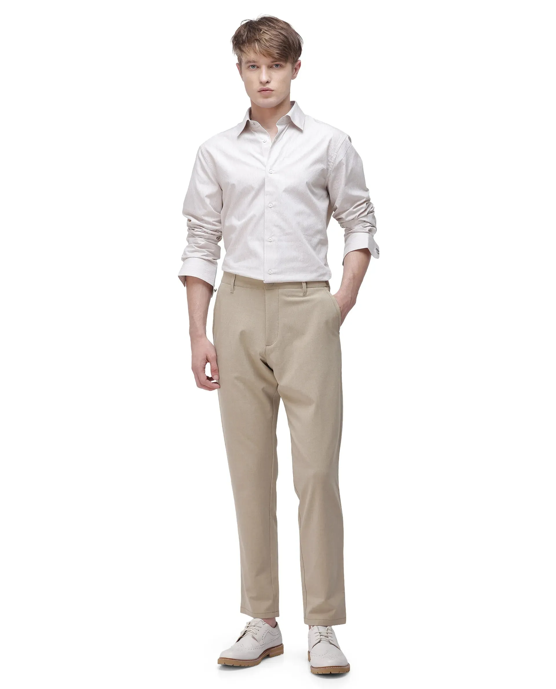 Rare Rabbit Men Driver-2 Khaki Cotton Elastane Fabric Button Closure Plain Trouser