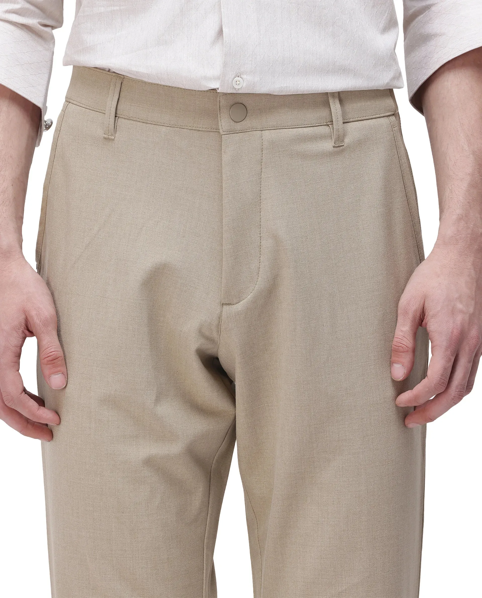 Rare Rabbit Men Driver-2 Khaki Cotton Elastane Fabric Button Closure Plain Trouser