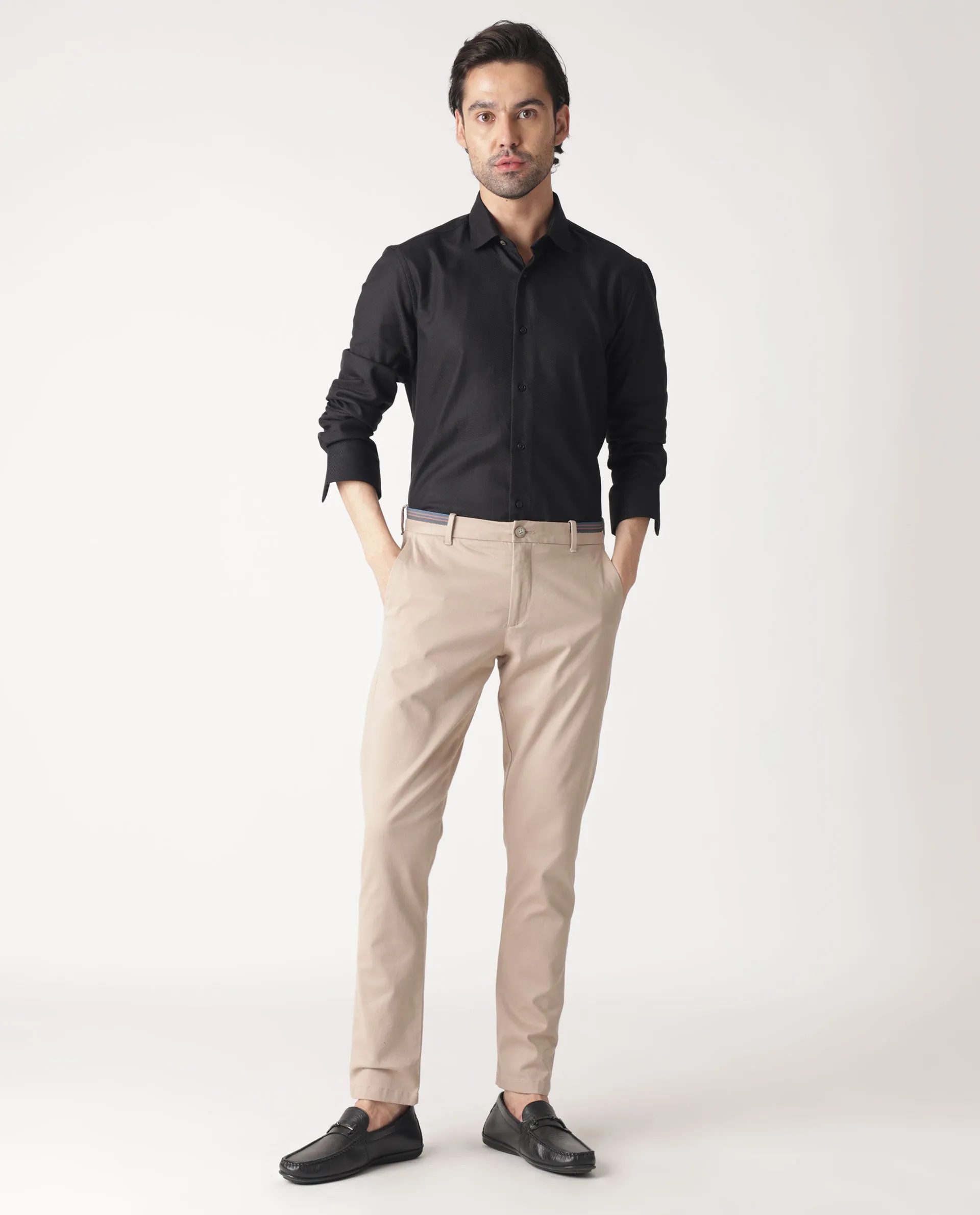 Rare Rabbit Men's Trellis Beige Solid Mid-Rise Regular Fit Stretch Trouser