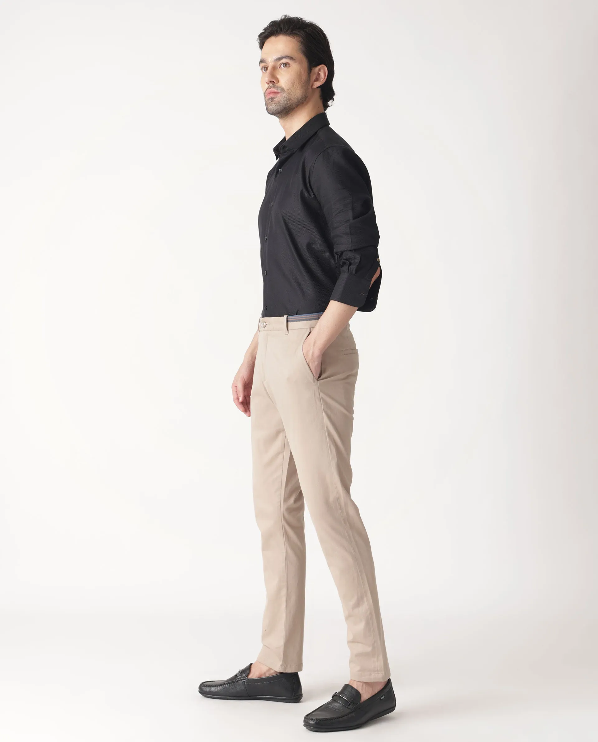 Rare Rabbit Men's Trellis Beige Solid Mid-Rise Regular Fit Stretch Trouser