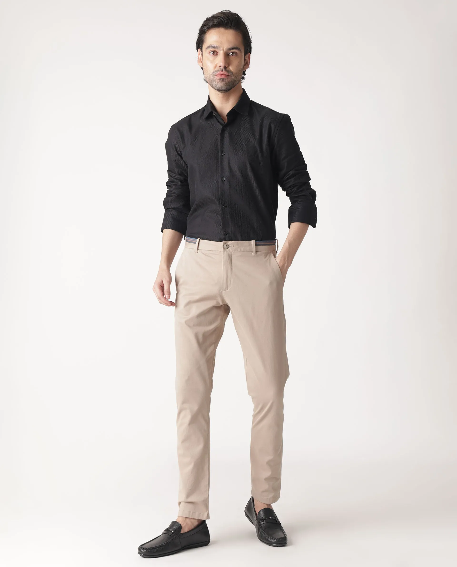 Rare Rabbit Men's Trellis Beige Solid Mid-Rise Regular Fit Stretch Trouser