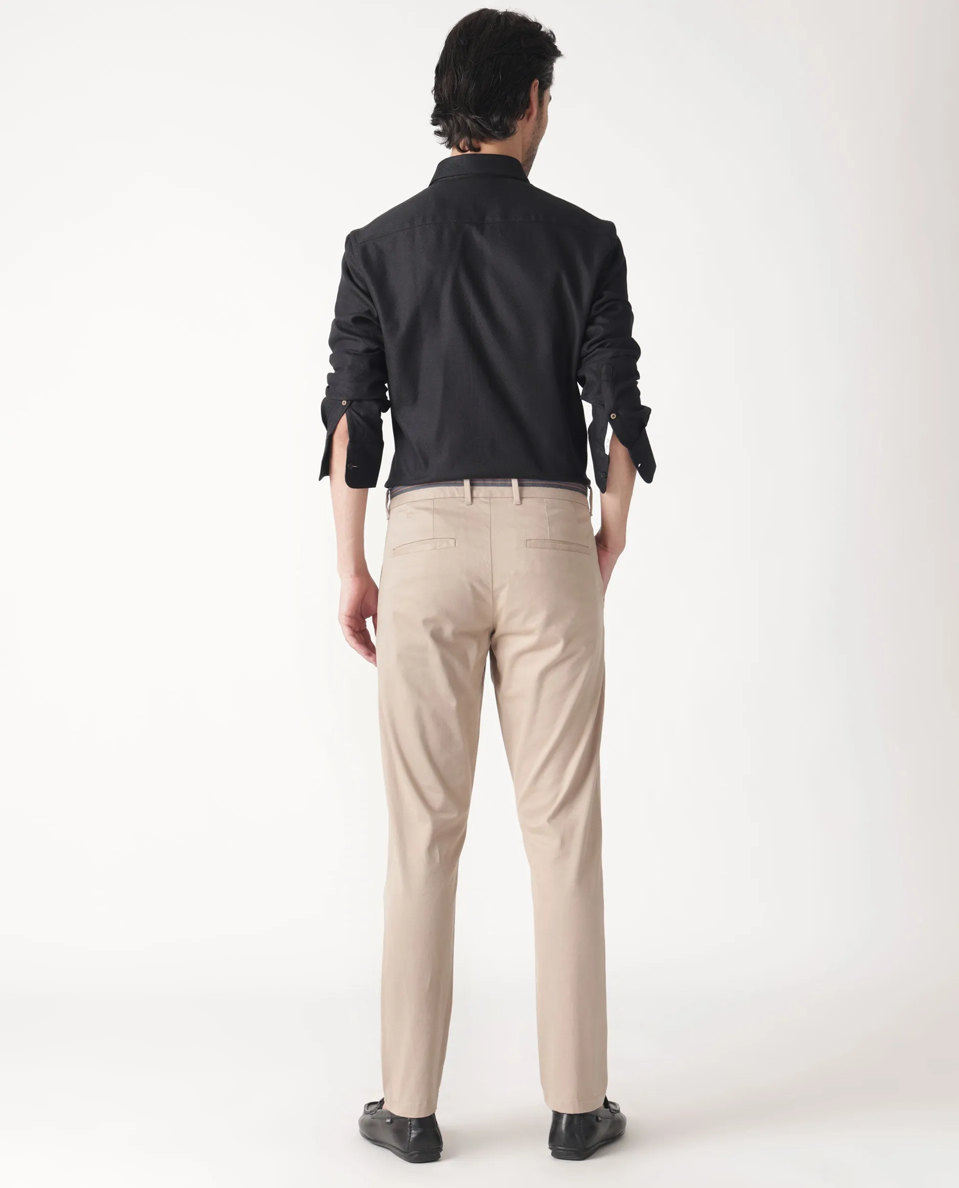 Rare Rabbit Men's Trellis Beige Solid Mid-Rise Regular Fit Stretch Trouser