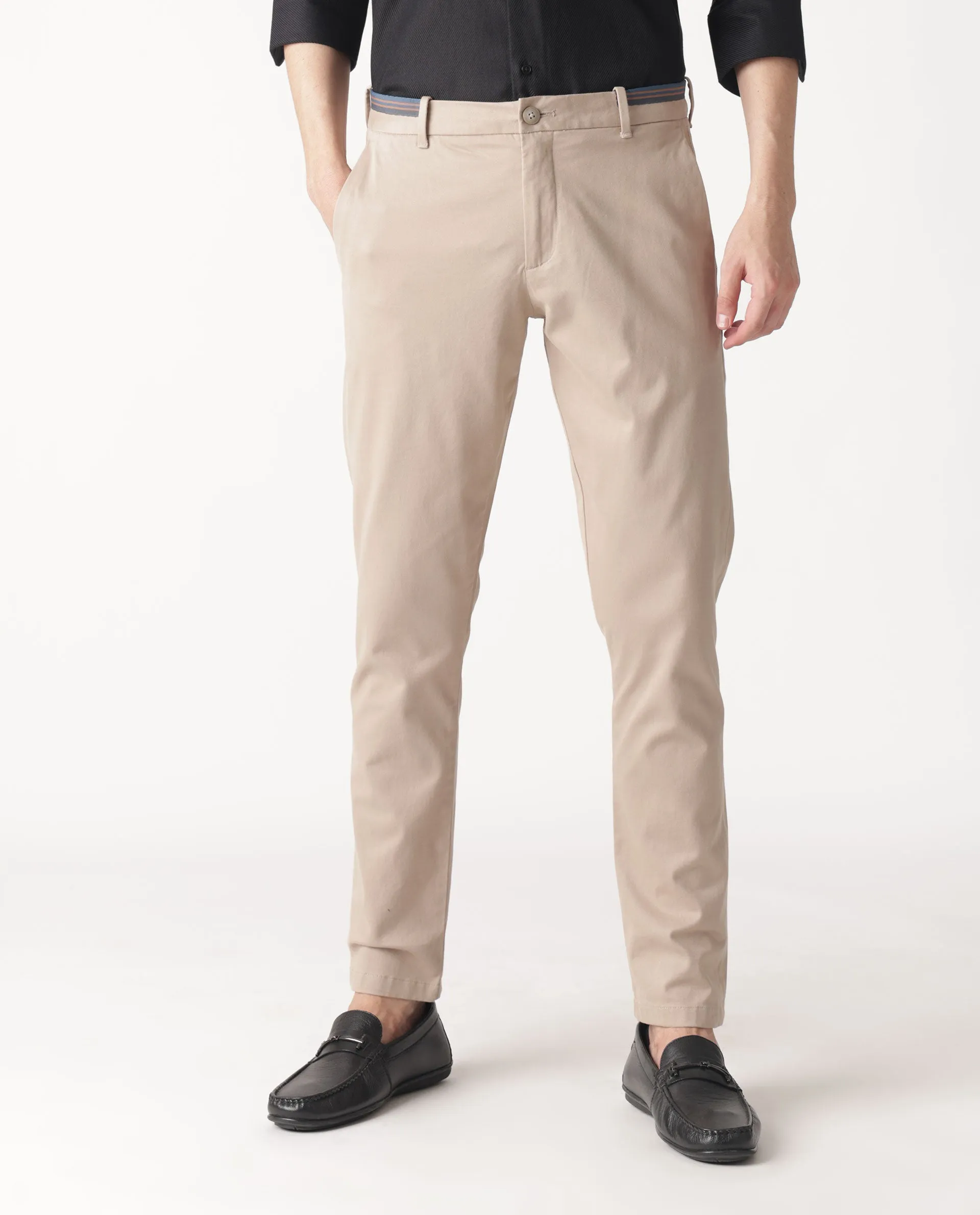 Rare Rabbit Men's Trellis Beige Solid Mid-Rise Regular Fit Stretch Trouser