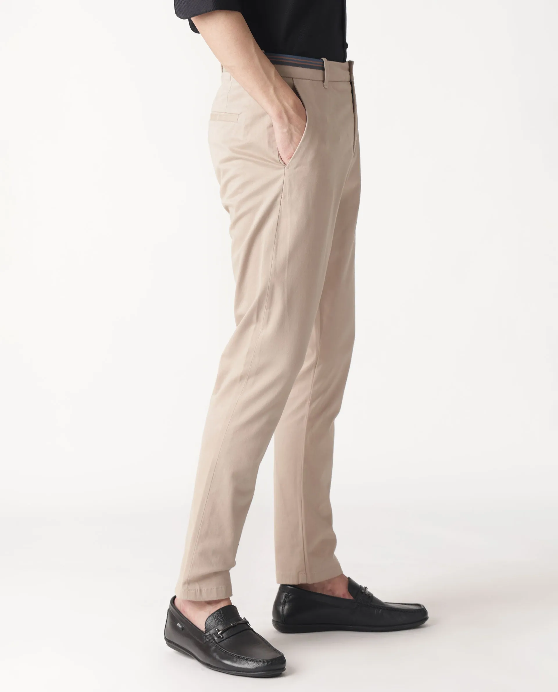 Rare Rabbit Men's Trellis Beige Solid Mid-Rise Regular Fit Stretch Trouser