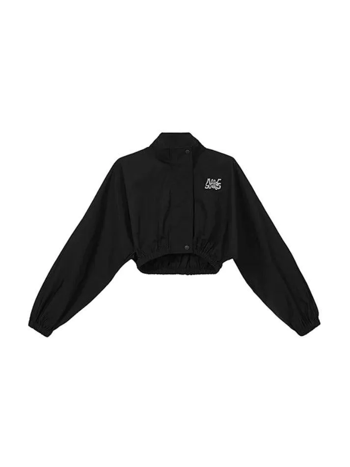 Stretchy Hem Zip Up Lapel Neck Short Jacket