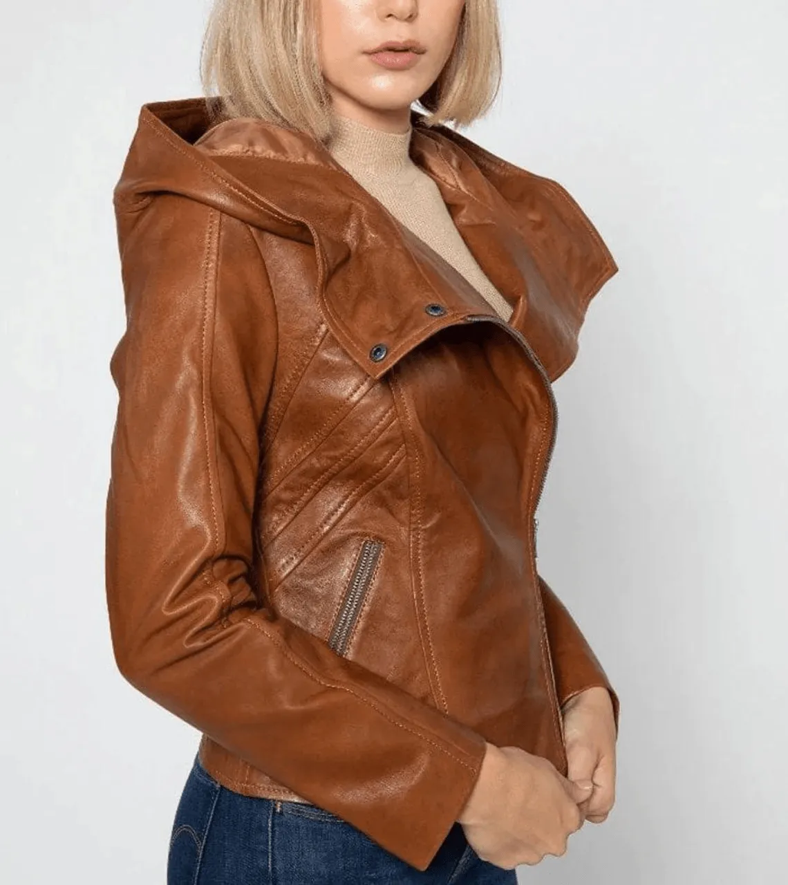 Tan Brown Hooded Women’s Leather Jacket