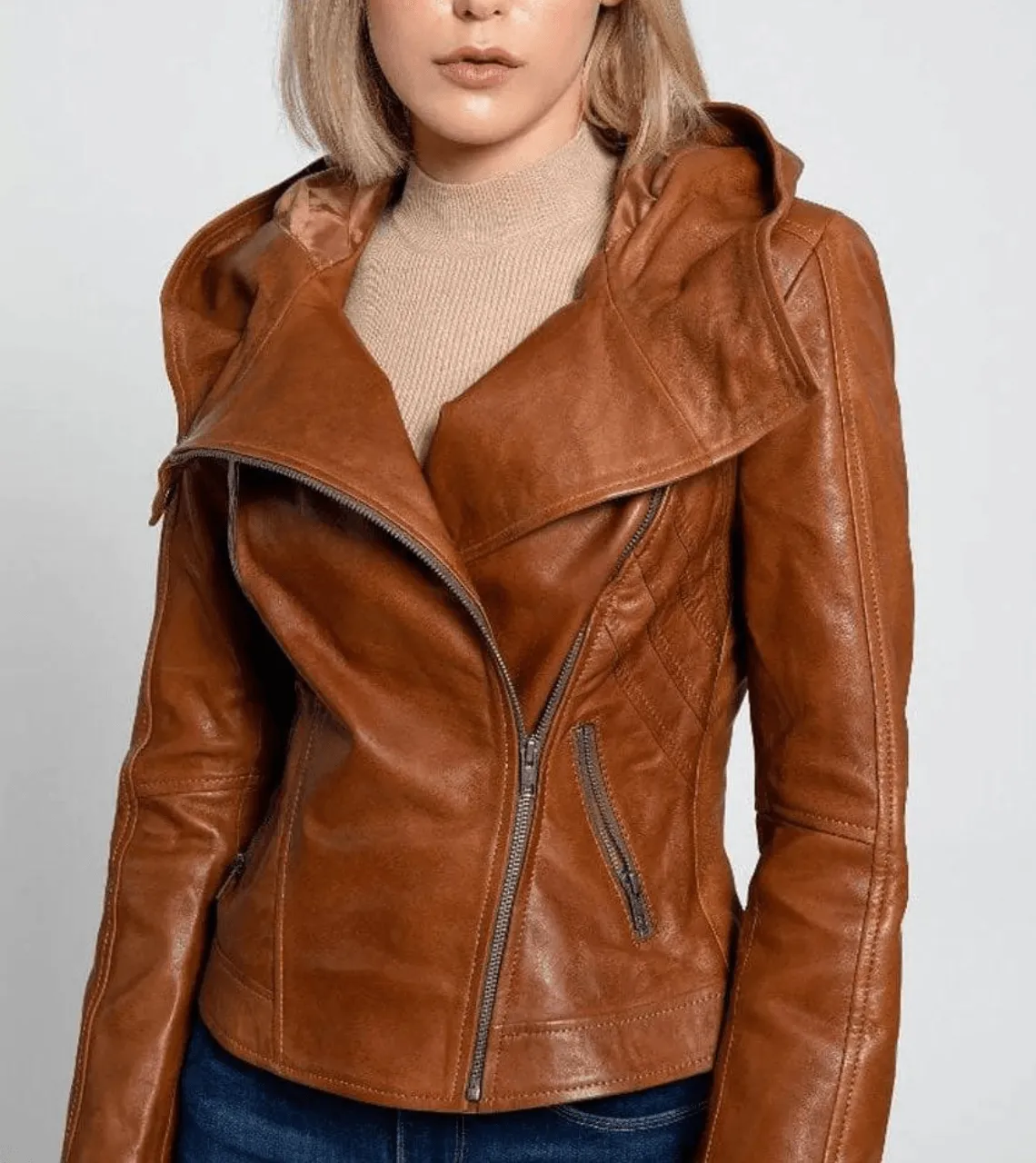 Tan Brown Hooded Women’s Leather Jacket