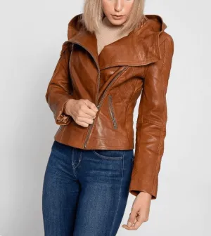 Tan Brown Hooded Women’s Leather Jacket