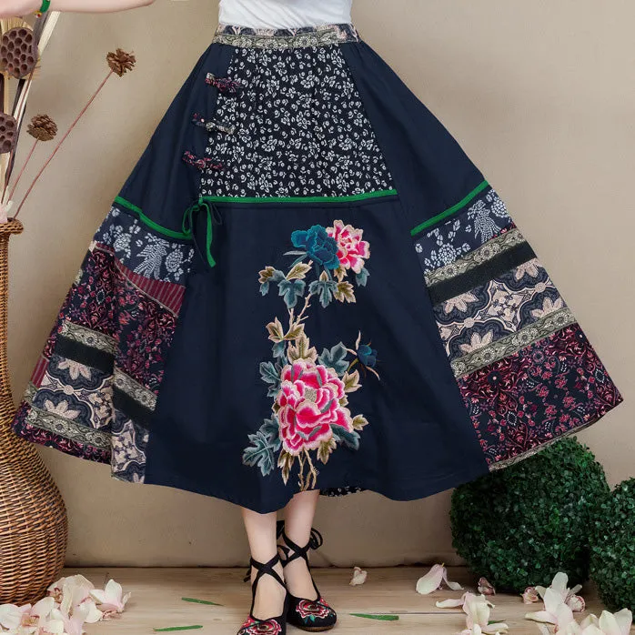 Traditional Chinese Style Floral Embroidery Expansion Pleated Skirt