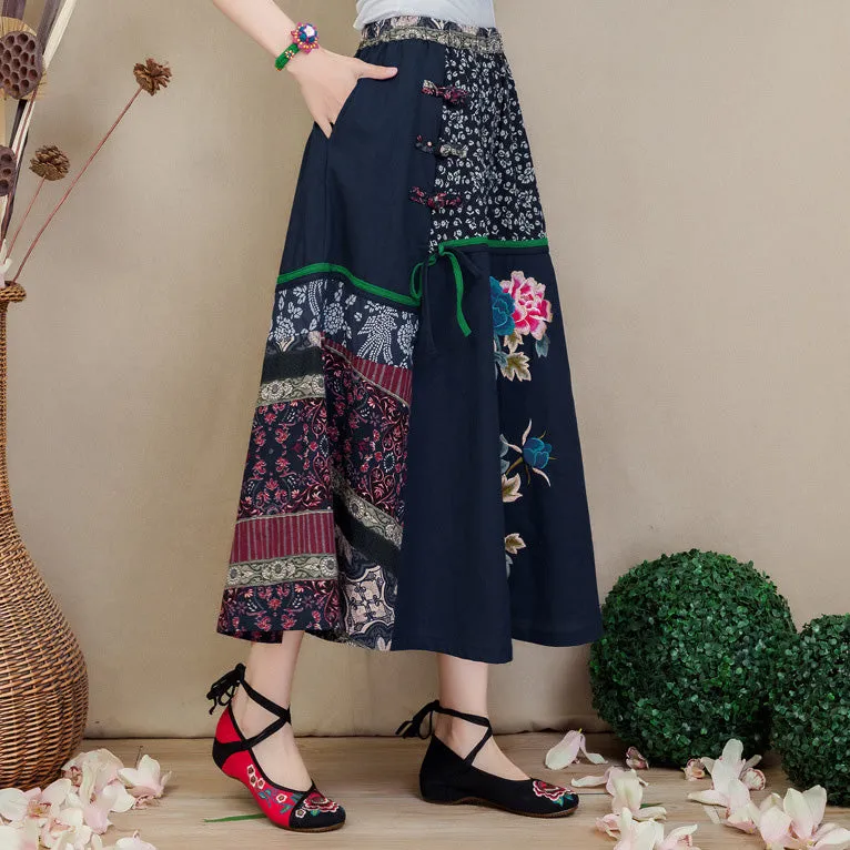 Traditional Chinese Style Floral Embroidery Expansion Pleated Skirt