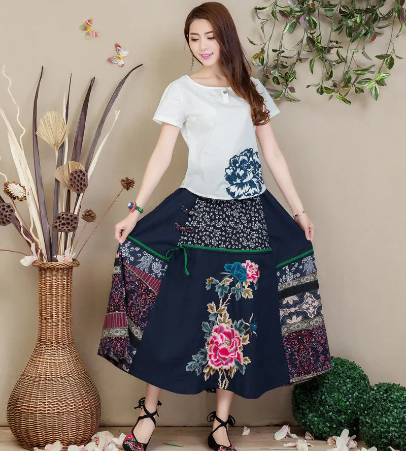 Traditional Chinese Style Floral Embroidery Expansion Pleated Skirt