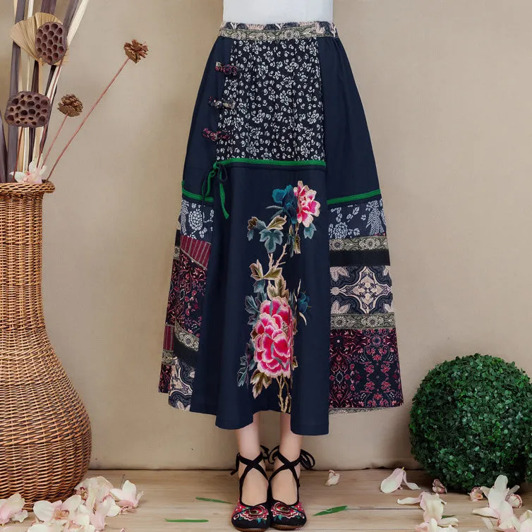 Traditional Chinese Style Floral Embroidery Expansion Pleated Skirt