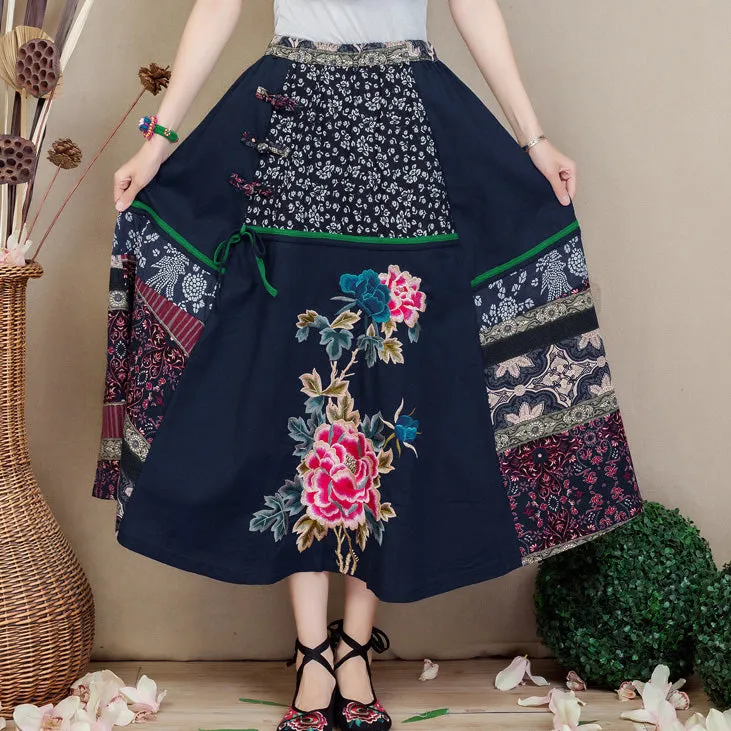 Traditional Chinese Style Floral Embroidery Expansion Pleated Skirt