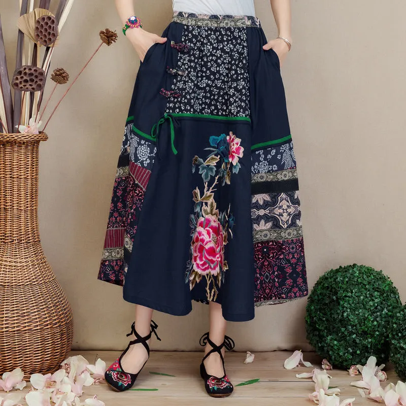 Traditional Chinese Style Floral Embroidery Expansion Pleated Skirt