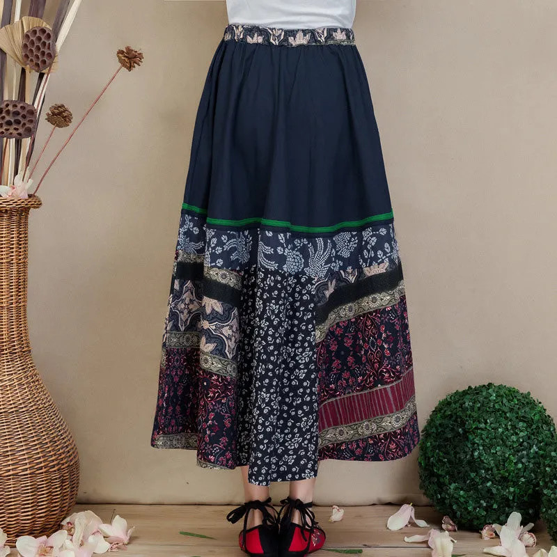 Traditional Chinese Style Floral Embroidery Expansion Pleated Skirt