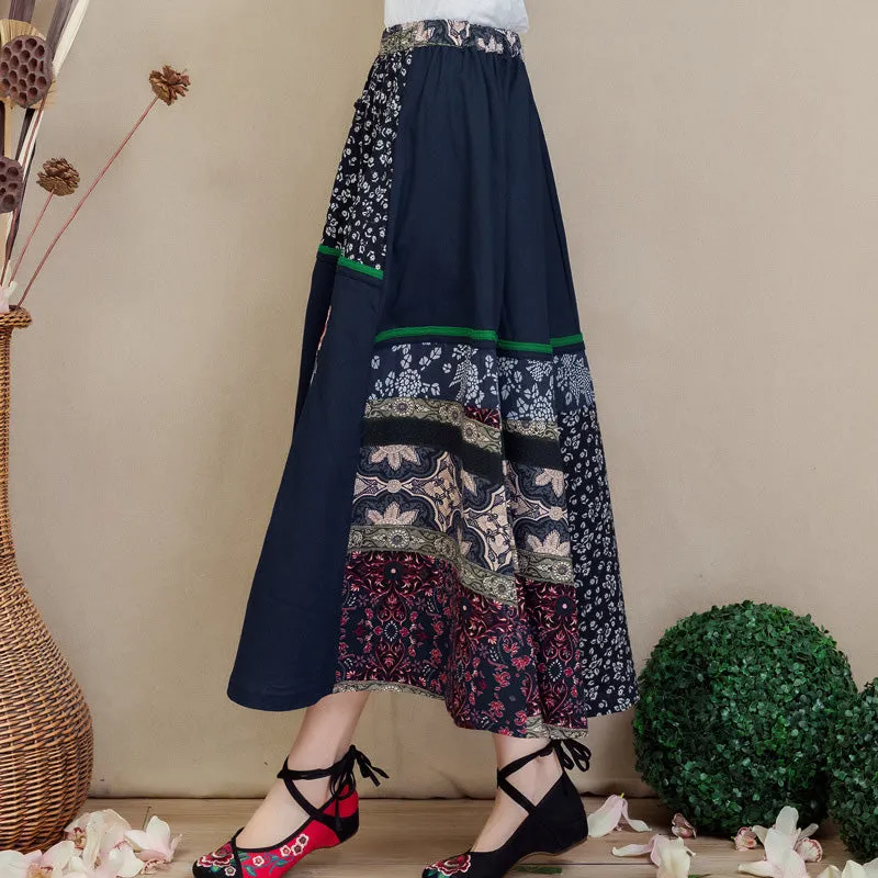 Traditional Chinese Style Floral Embroidery Expansion Pleated Skirt