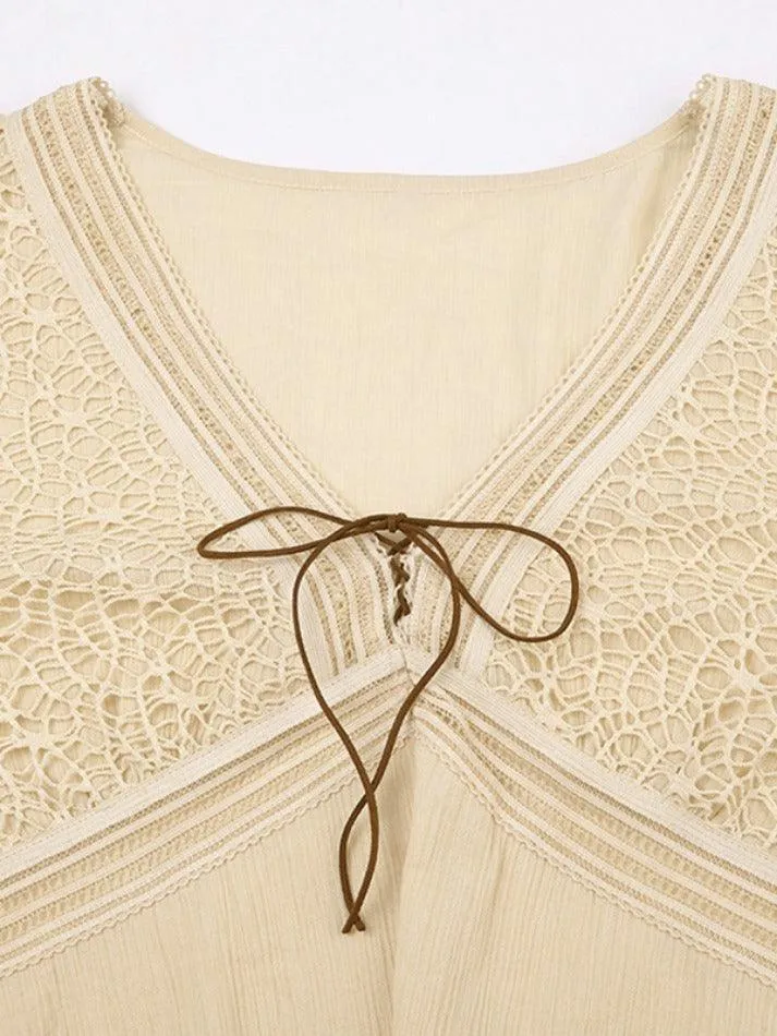 Tribal Cutout V Neck Lacing Flared Long Sleeve Blouse