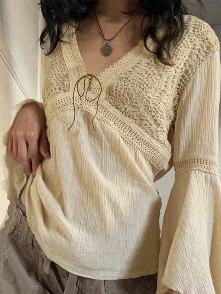 Tribal Cutout V Neck Lacing Flared Long Sleeve Blouse