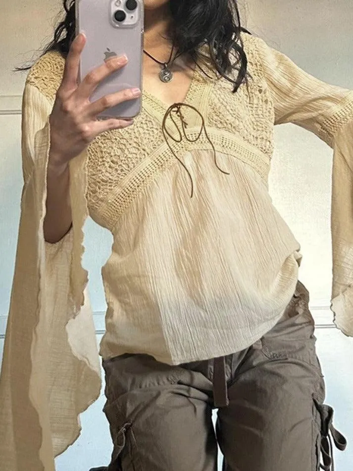 Tribal Cutout V Neck Lacing Flared Long Sleeve Blouse