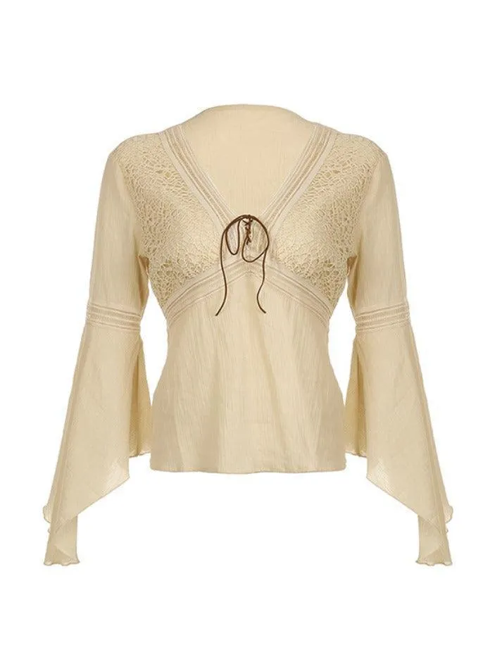 Tribal Cutout V Neck Lacing Flared Long Sleeve Blouse
