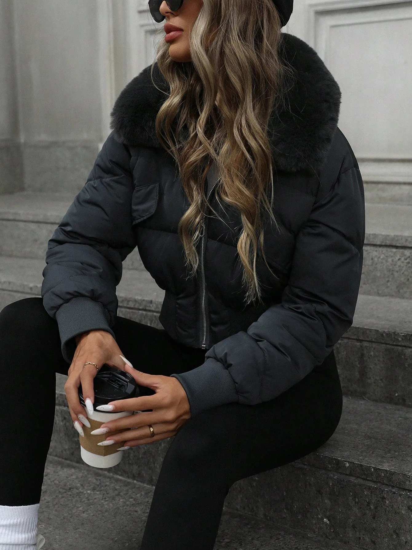 Urban Fashion Cropped Bomber Jacket with Cinched Waist & Fluffy Collar