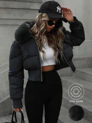 Urban Fashion Cropped Bomber Jacket with Cinched Waist & Fluffy Collar