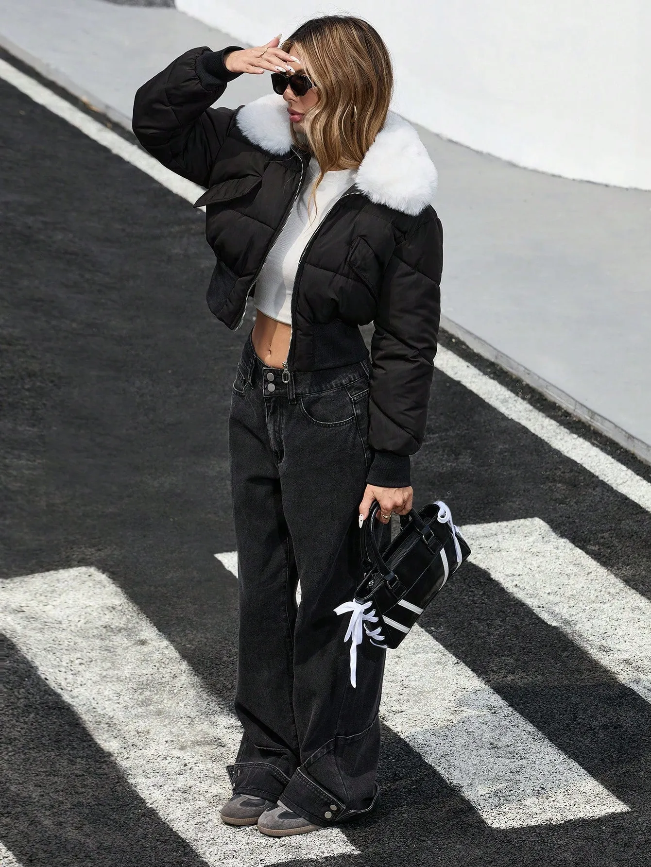Urban Fashion Cropped Bomber Jacket with Cinched Waist & Fluffy Collar