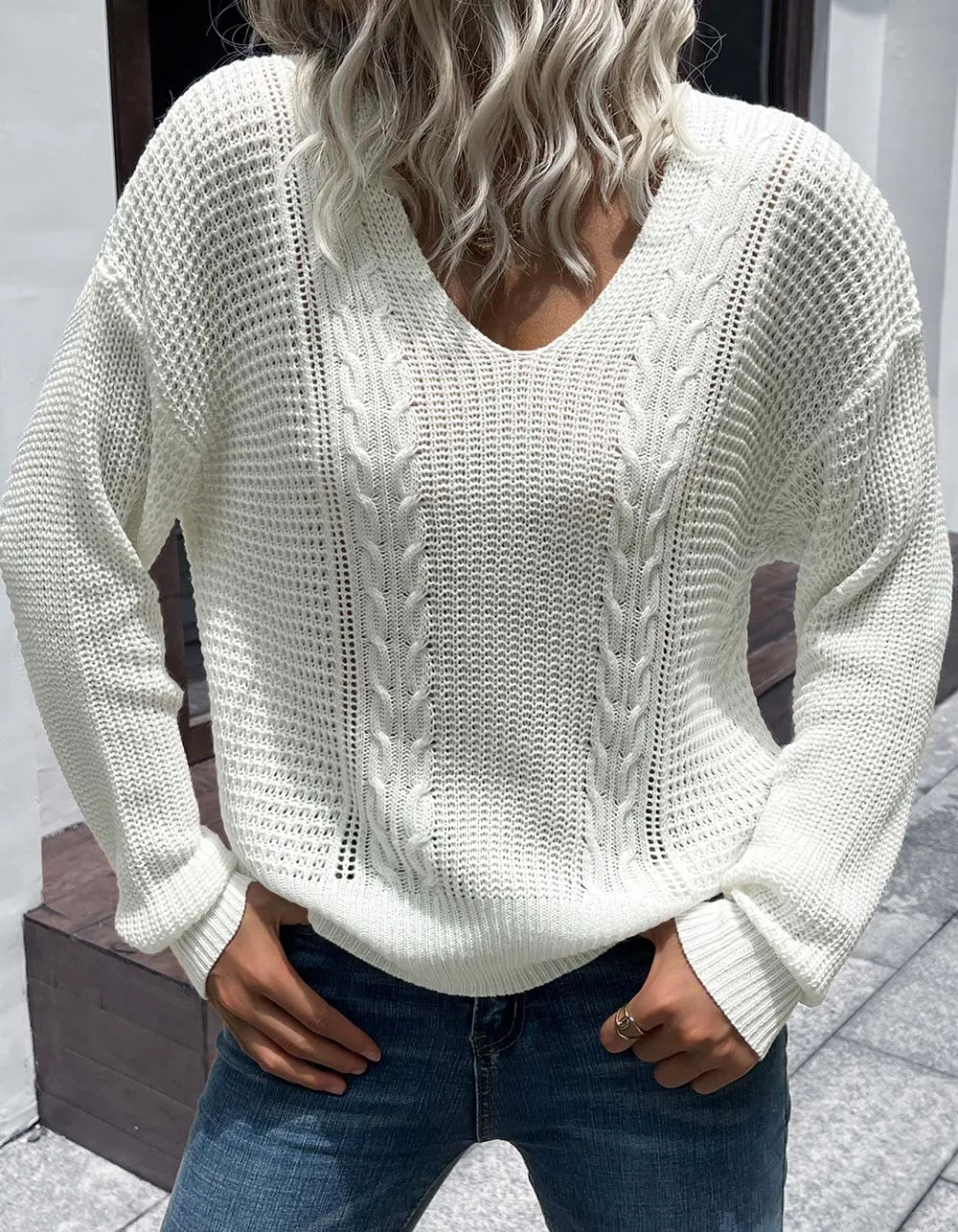 White V Neck Stitching Thin Loose Long Sleeve Knit Top