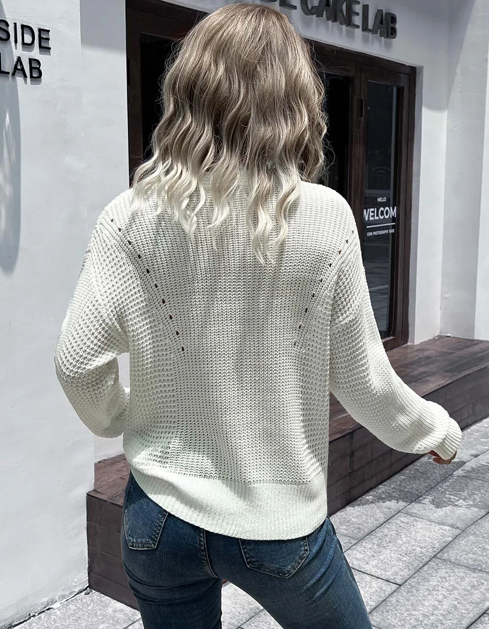 White V Neck Stitching Thin Loose Long Sleeve Knit Top