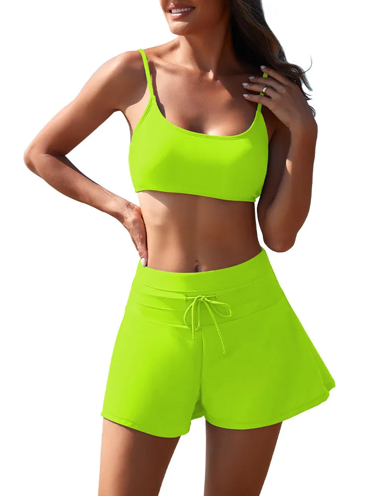 Women 2 Piece Bathing Suits Adjustable Strap Top with Drawstring High Waisted Bikini Shorts