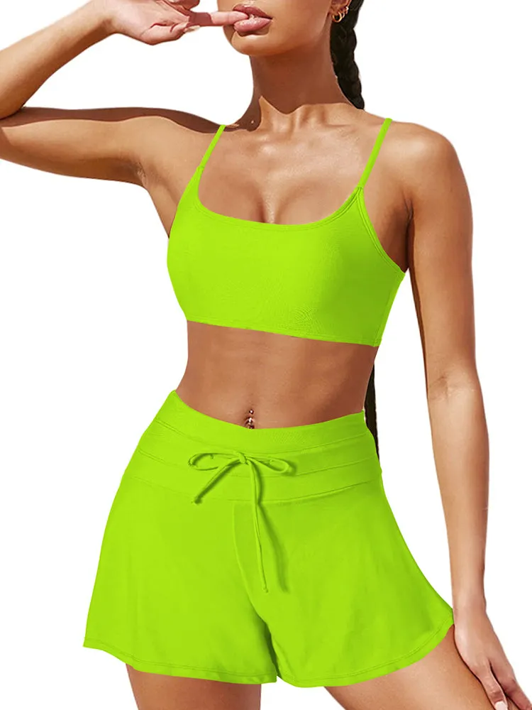 Women 2 Piece Bathing Suits Adjustable Strap Top with Drawstring High Waisted Bikini Shorts
