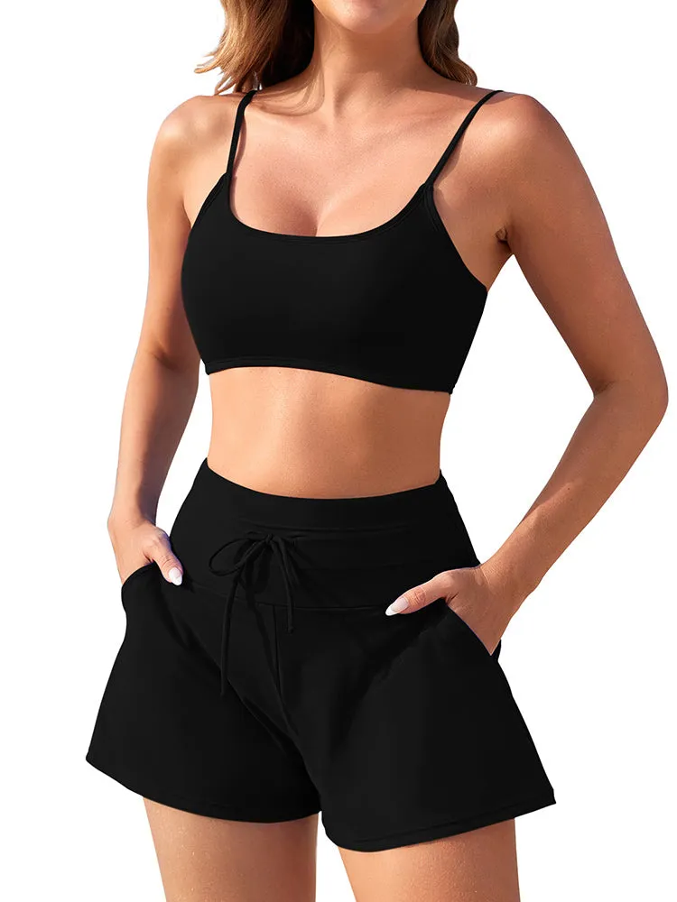 Women 2 Piece Bathing Suits Adjustable Strap Top with Drawstring High Waisted Bikini Shorts