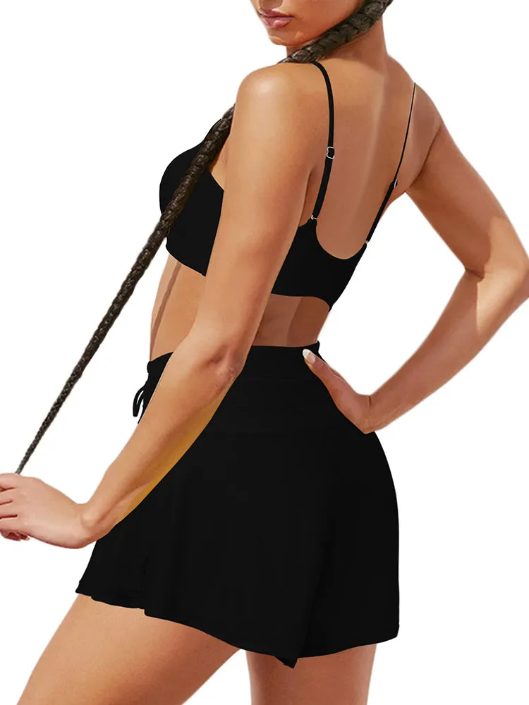 Women 2 Piece Bathing Suits Adjustable Strap Top with Drawstring High Waisted Bikini Shorts