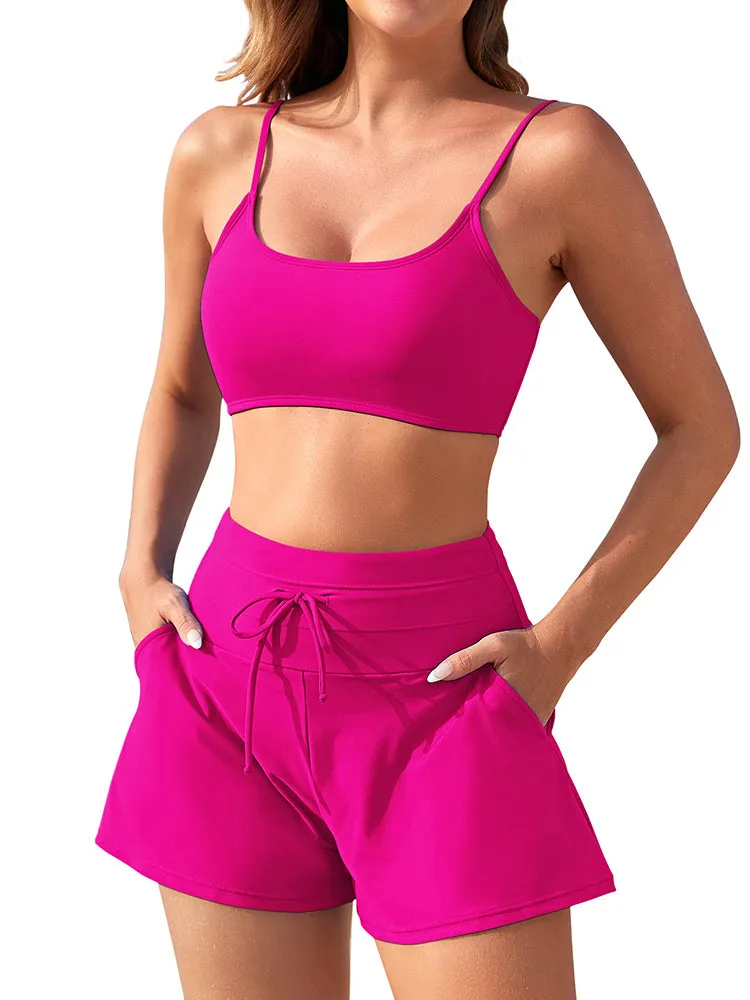 Women 2 Piece Bathing Suits Adjustable Strap Top with Drawstring High Waisted Bikini Shorts