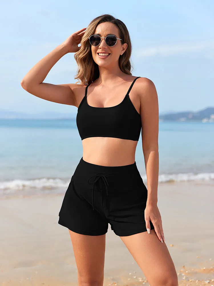 Women 2 Piece Bathing Suits Adjustable Strap Top with Drawstring High Waisted Bikini Shorts