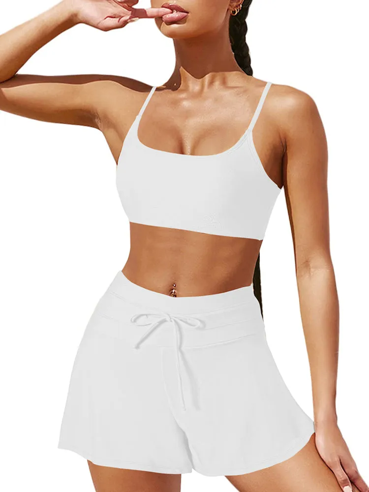 Women 2 Piece Bathing Suits Adjustable Strap Top with Drawstring High Waisted Bikini Shorts