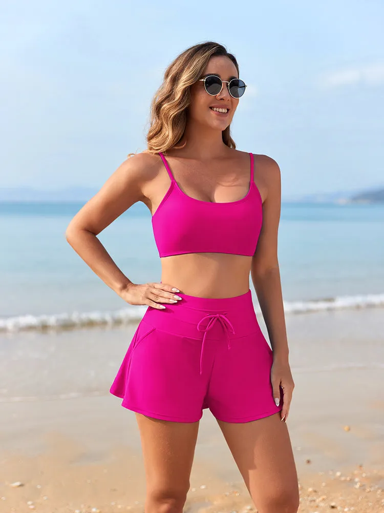 Women 2 Piece Bathing Suits Adjustable Strap Top with Drawstring High Waisted Bikini Shorts