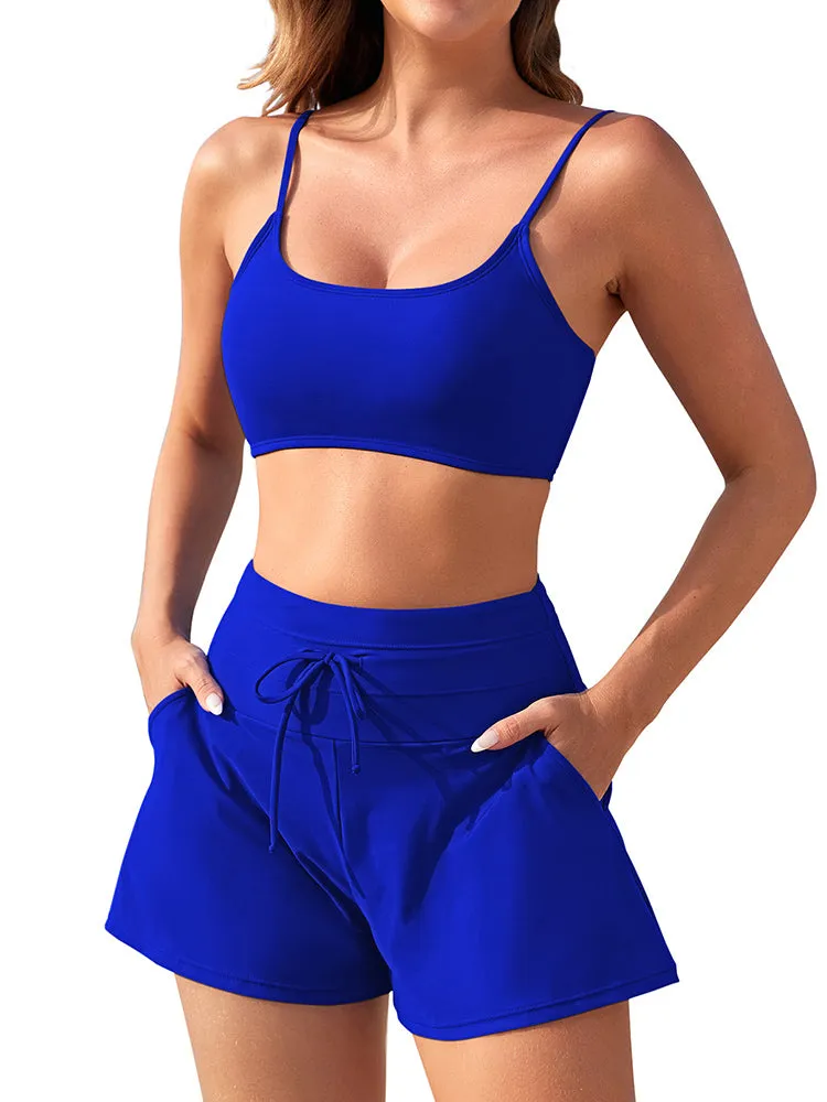 Women 2 Piece Bathing Suits Adjustable Strap Top with Drawstring High Waisted Bikini Shorts