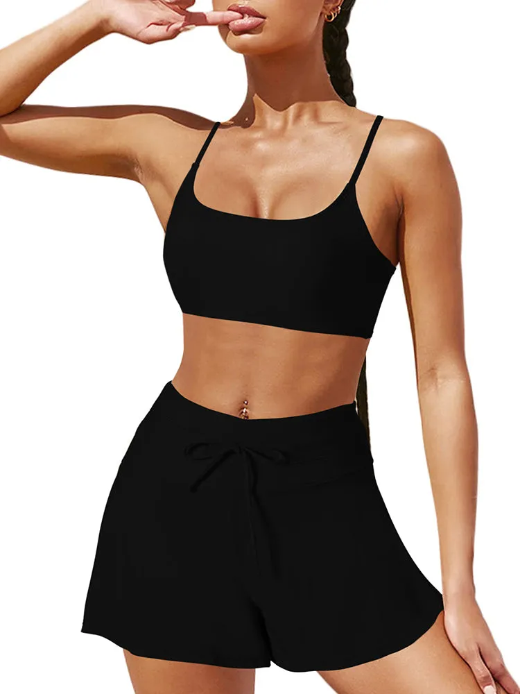 Women 2 Piece Bathing Suits Adjustable Strap Top with Drawstring High Waisted Bikini Shorts