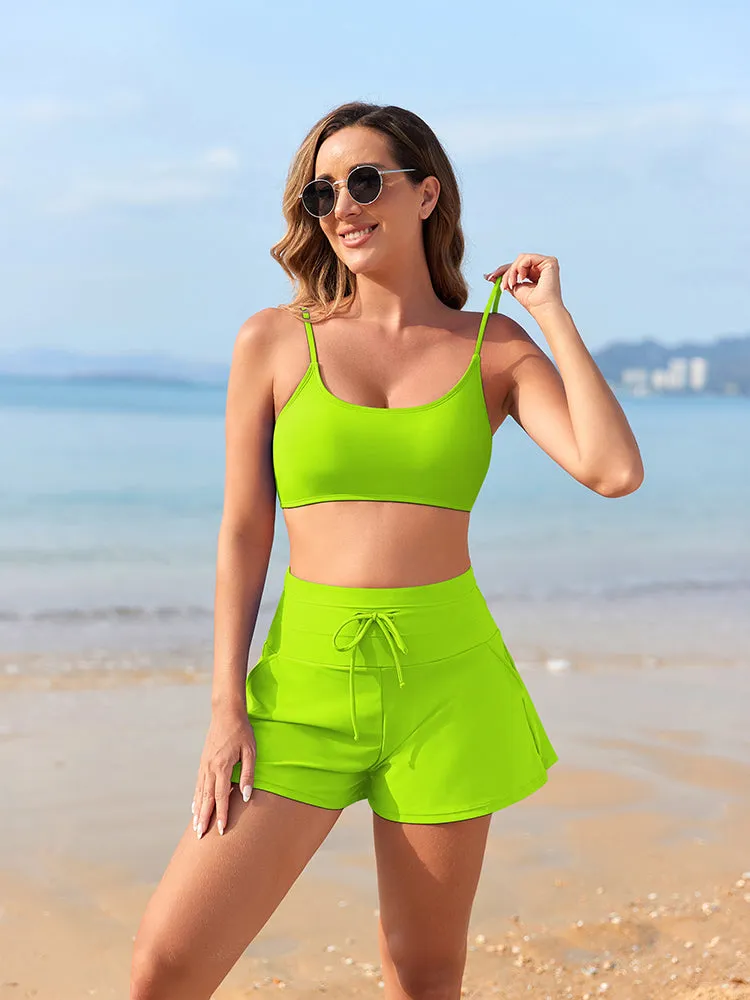 Women 2 Piece Bathing Suits Adjustable Strap Top with Drawstring High Waisted Bikini Shorts
