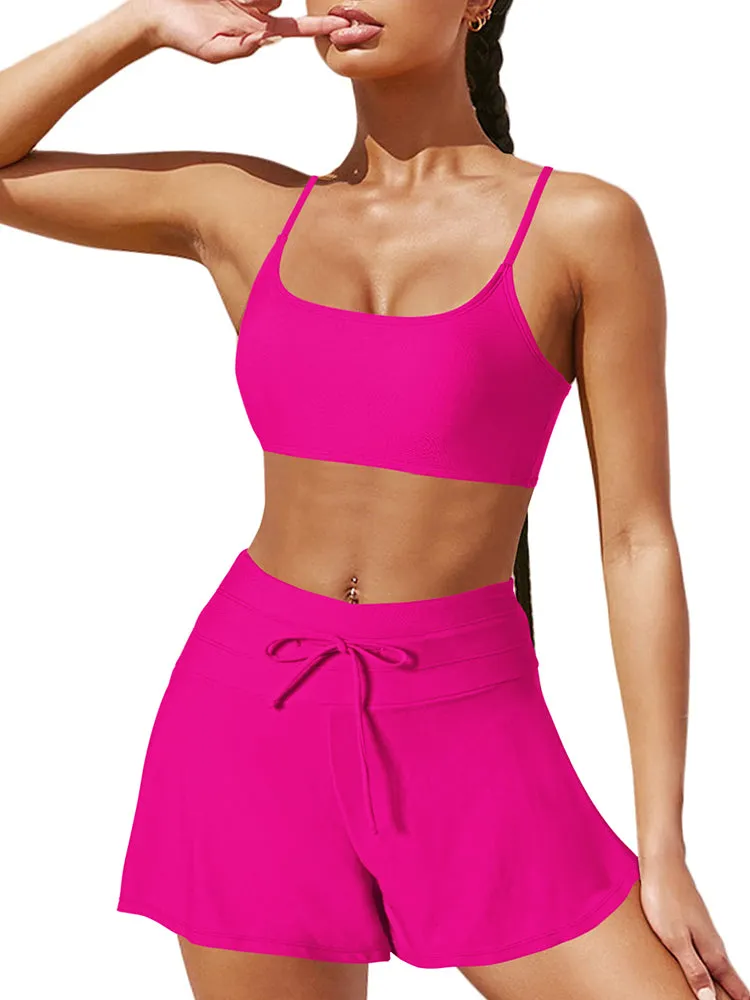 Women 2 Piece Bathing Suits Adjustable Strap Top with Drawstring High Waisted Bikini Shorts