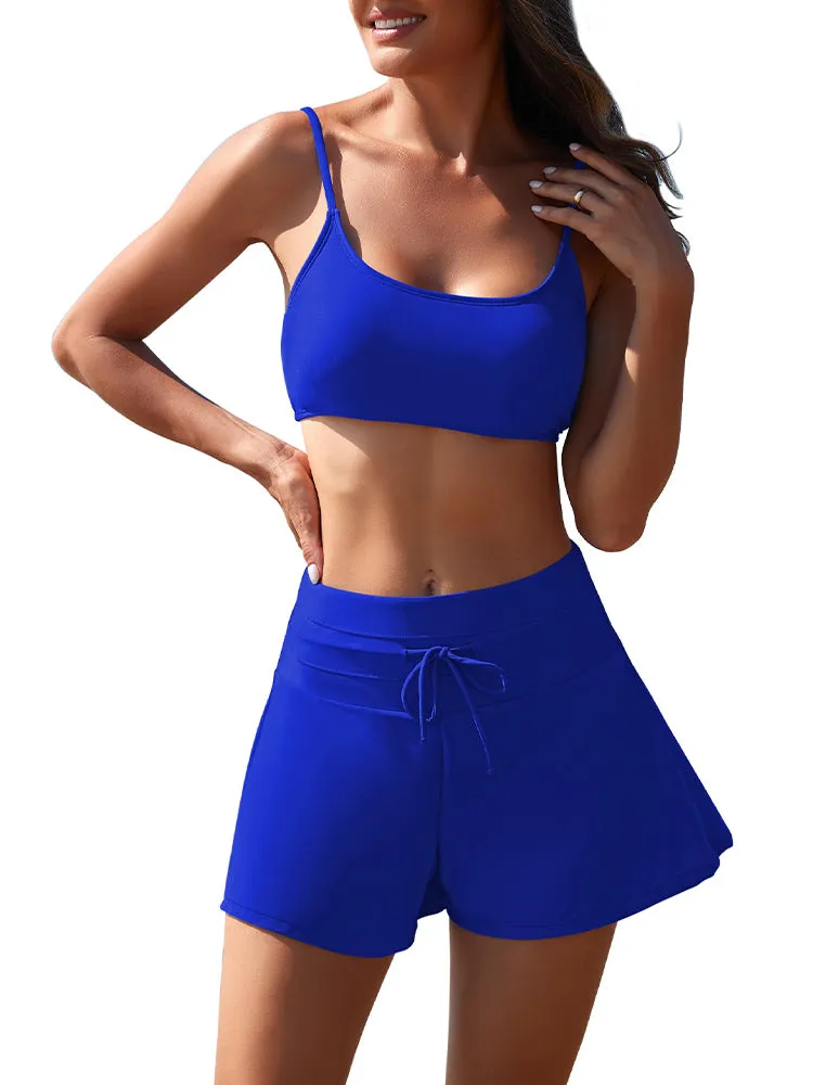 Women 2 Piece Bathing Suits Adjustable Strap Top with Drawstring High Waisted Bikini Shorts