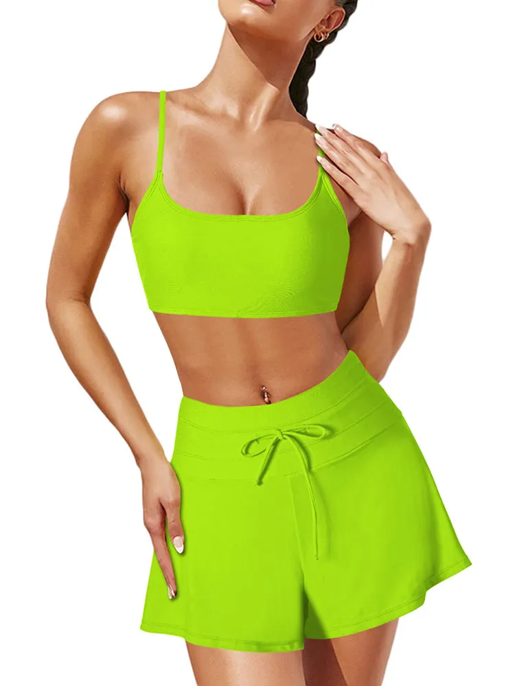 Women 2 Piece Bathing Suits Adjustable Strap Top with Drawstring High Waisted Bikini Shorts