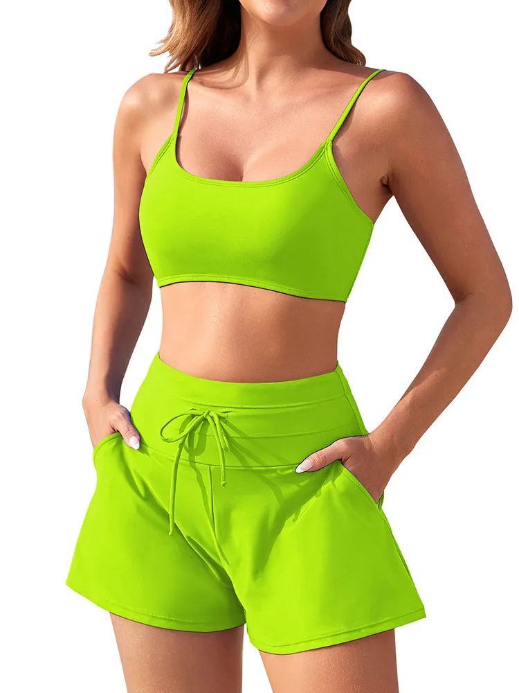 Women 2 Piece Bathing Suits Adjustable Strap Top with Drawstring High Waisted Bikini Shorts