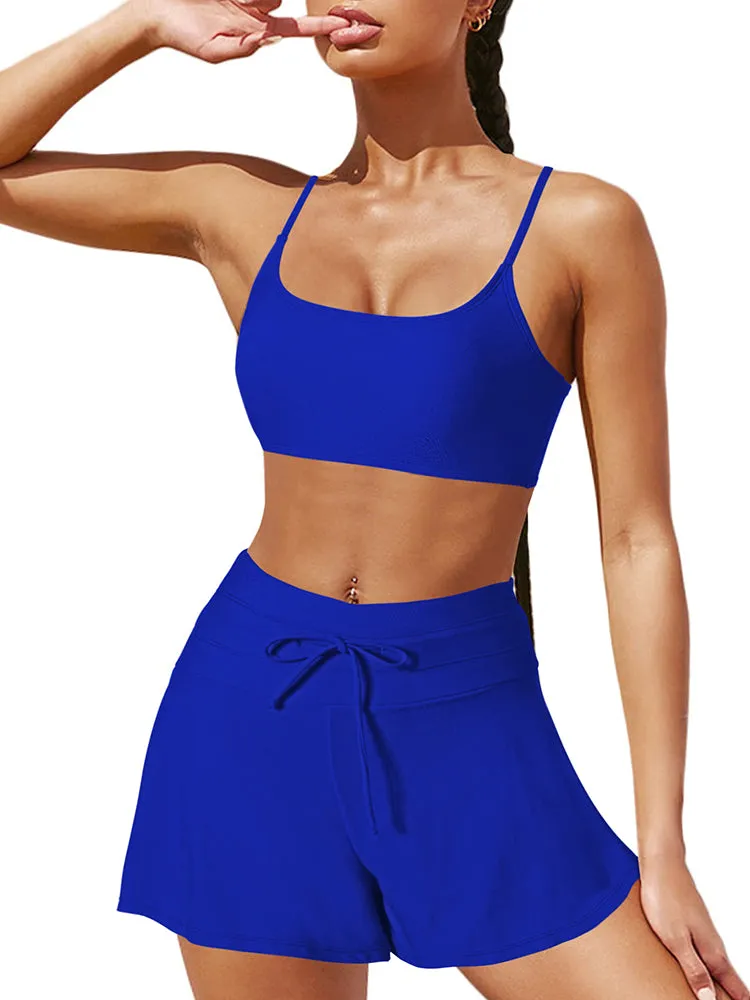 Women 2 Piece Bathing Suits Adjustable Strap Top with Drawstring High Waisted Bikini Shorts