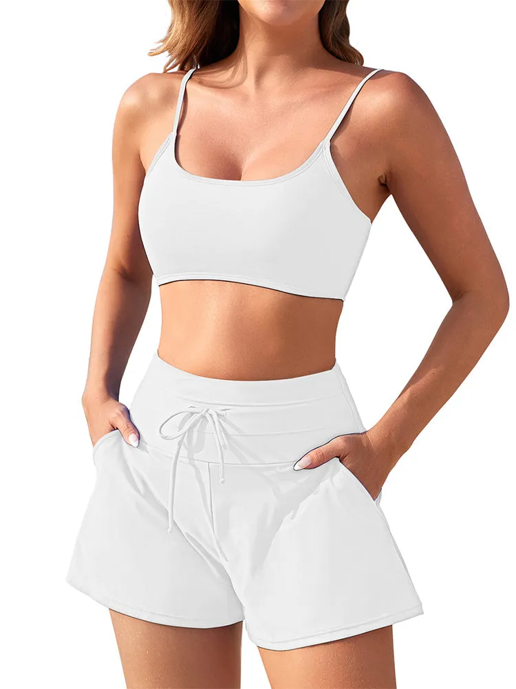 Women 2 Piece Bathing Suits Adjustable Strap Top with Drawstring High Waisted Bikini Shorts