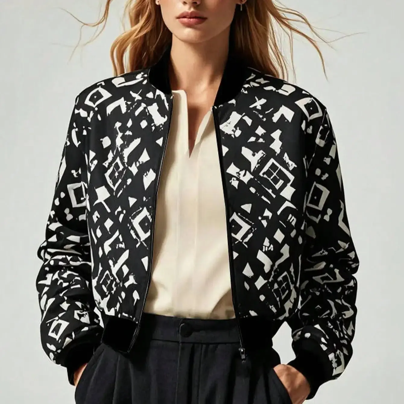 Women Autumn Bomber Jacket Coat Long Sleeve Zip Up Outwear
