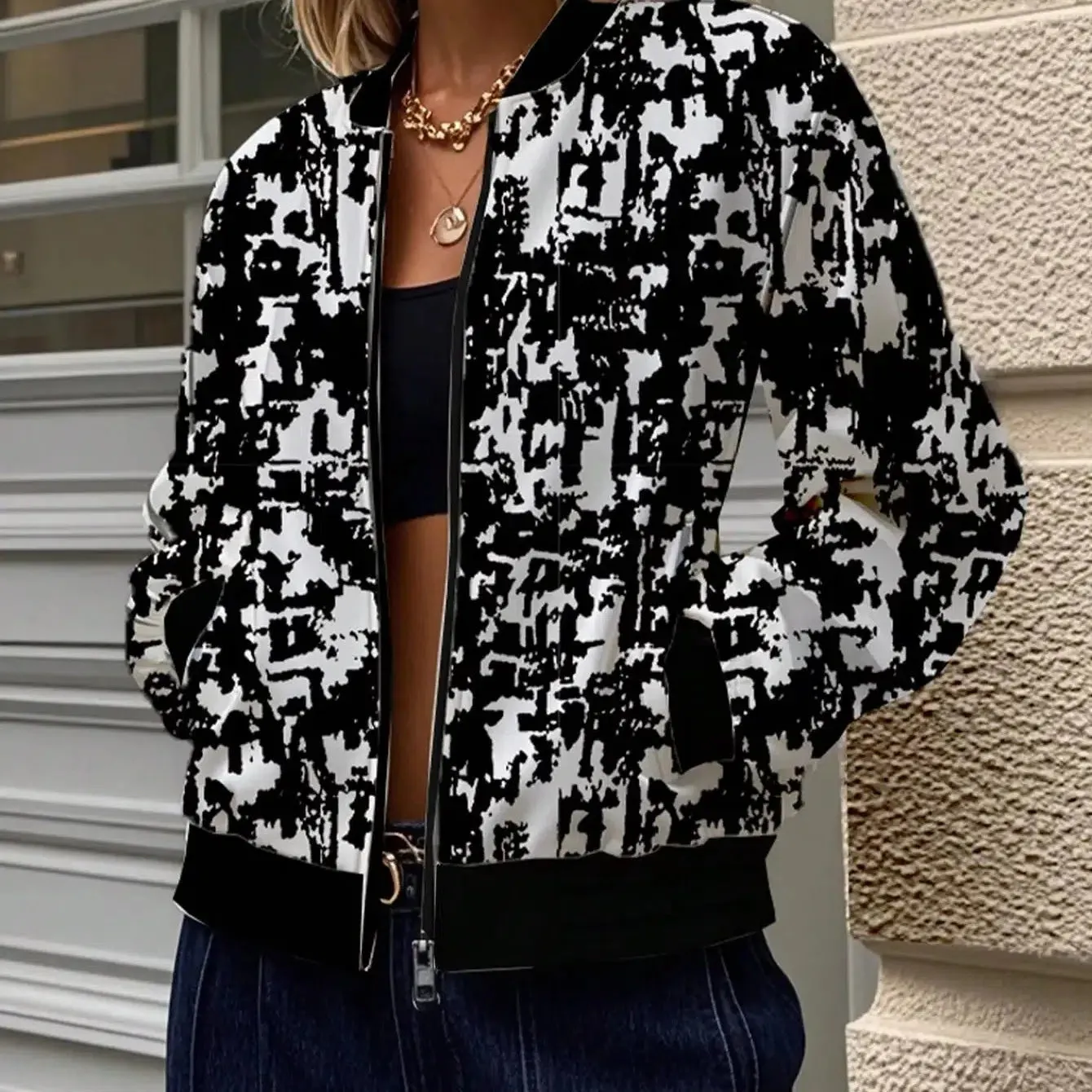 Women Autumn Bomber Jacket Coat Long Sleeve Zip Up Outwear
